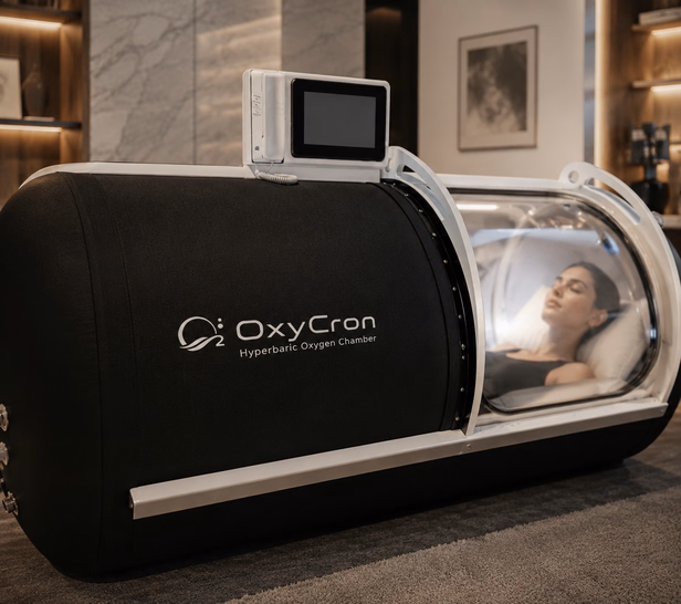 امرأة تسترخي داخل غرفة أكسجين مضغوط كبسولية سوداء من Oxycro